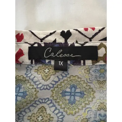 Calessa Top Size 1X Multicolor Aztec Button Front Southwestern Abstract Roll Tab Blue