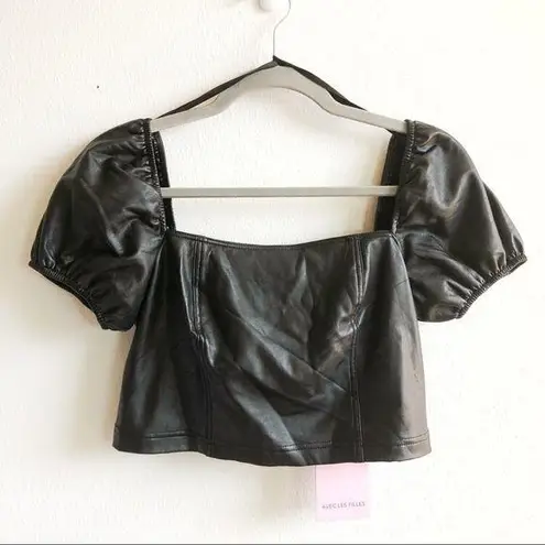 Avec Les Filles Crop Top Vegan Leather Puffed Sleeves Zipper Back Black Sz S NWT