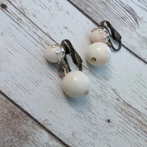 Vintage Clip On Earrings Ball Duo Dangle Off White with Pink Hues