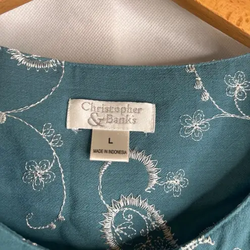 Christopher & Banks  Teal Embroidered Button‎ Front Drawstring Waist Top Sz LG