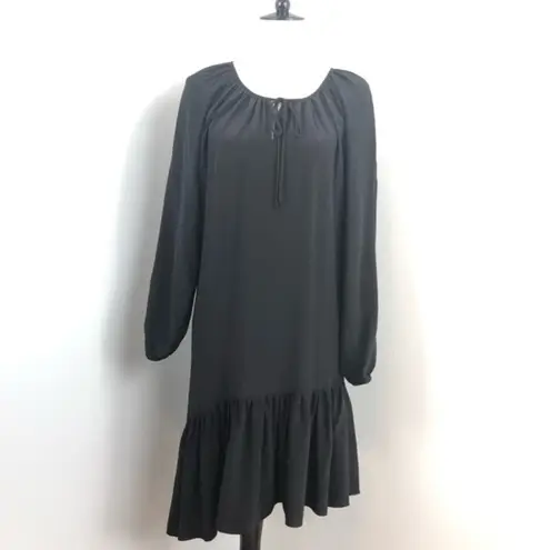 Jill Stuart Black Silk Asymmetrical Drop Waist Long Sleeve Peasant Dress Sz 0
