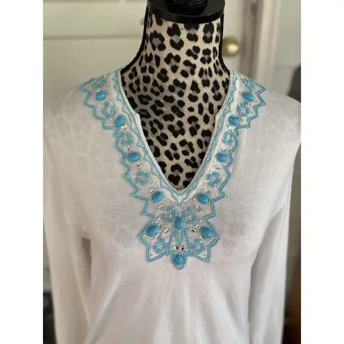 J. McLaughlin sz M White Beaded Jeweled Embellished Pullover Sweater Knit Top
