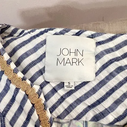 John Mark blue white stripe bell sleeve colorful print back blouse size small