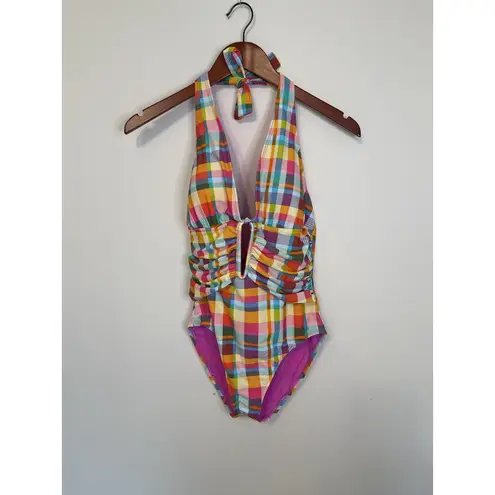 Into The Bleu Swimsuit One Piece Women's Colorful Plaid Halter Size 6