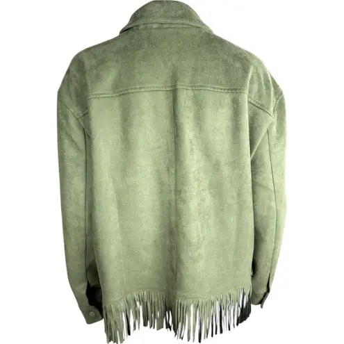 Denim & Co . Canyon Retreat Faux Suede Jacket with Fringe Desert Olive M NWOT