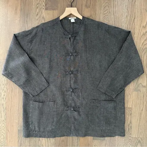 Dosa 100% Linen Crew Neck Chore Coat Jacket in Dark Brown Charcoal Size 3 M/L Gray Size M