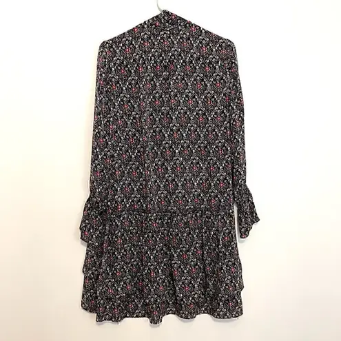 Joie Jamira Dress Black Blue Red Floral Tie Neck Bow Asym Ruffle SILK Mini