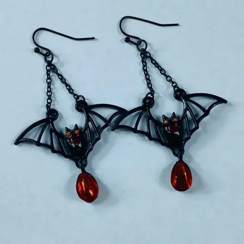 Halloween Bat Earrings Dangle Drop Pierced Hook Bead Accent Whimsical Party Black