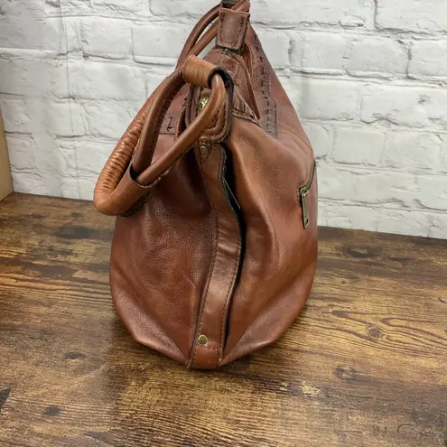 Patricia Nash Riano Distressed Braided Front Leather Hobo Bag Cognac
