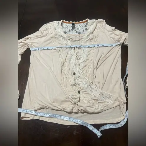 Alya  Lace Trimmed Beige Faux Wrap Tie Blouse Sz S boho