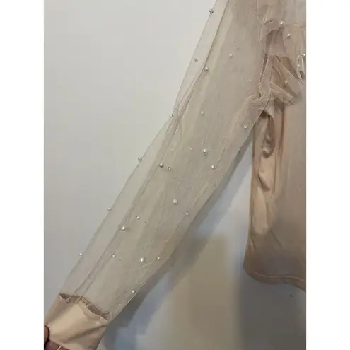 CBR Women's Blouse Sheer Sleeve Neckline Pearl Beading Beige Ruffles XL Feminine Tan
