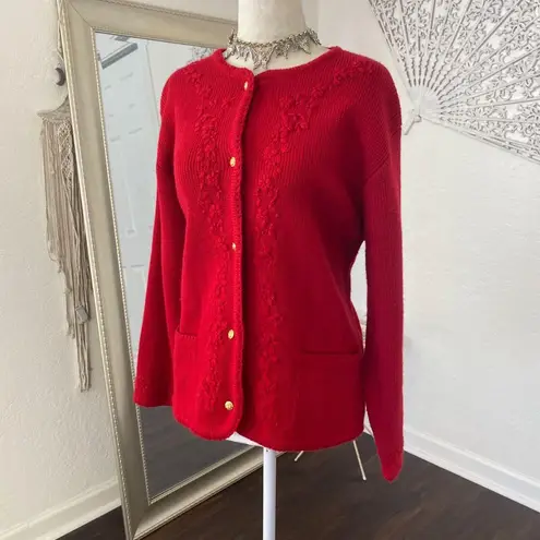 Chunky Vintage Bright Red Flower Floral Embroidered Knit Button Up Cardigan M Size M