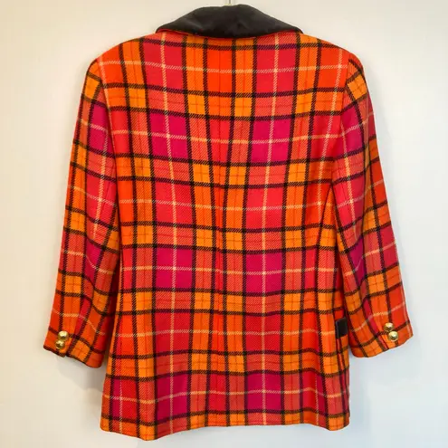 Vintage Mondi Womens M Pink Orange Plaid 100% Wool Power Blazer Preppy Retro Size M
