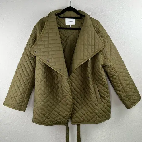 Frame  Quilted Drape Neck Nylon Belted Olive Green Oversized Jacket Size XS