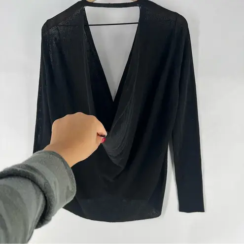 Eileen Fisher  Black Linen Blend V‎ Neck Draped Open Back Cardigan Long Sleeve