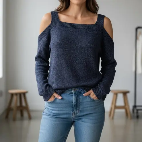 Massimo Dutti . Italian Yarn. Cold Shoulder Sweater. Spain. Blue Marled. Size L