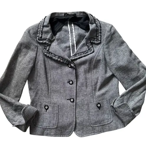 Weekend MaxMara Textured Tweed Ruffled Hem Linen Blend Blazer Size 12 Black