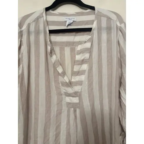 Antibes Blanc Linen Tunic Top Womens 2X Beige White Striped Roll Tab Sleeve Tan Size XXL
