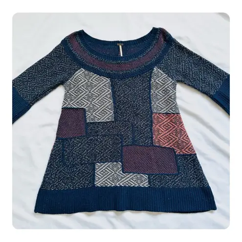 Free People ★  Blue Patchwork Boho Sweater Tunic - Multicolored ★