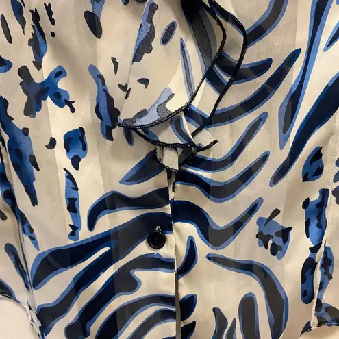 Naomi Womens Sheer Button Down Blouse XL 42” Blue White Print Ruffles Beach