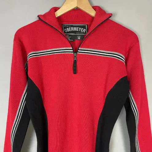 Obermeyer Vintage Obermyer Sweater 90s Red Striped Quarter Zip Women Size Medium Red Black
