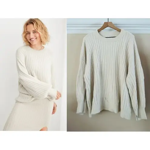 Aerie  Oversized Rib-Knit Buttercream Crewneck Sweater | Cream | XL