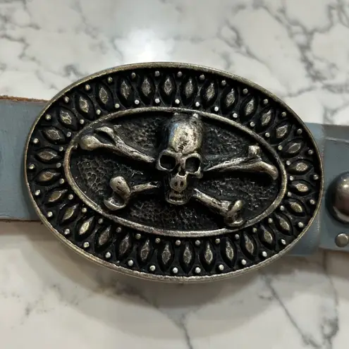 Vintage Skull & Cross Bones Made in Italy Belt Bucket w/ Blue Belt Silver