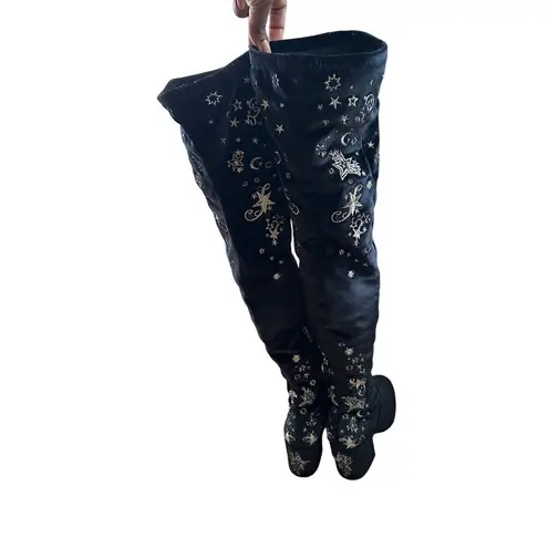Ash Eros Velvet Boho Black Tall Boots Embroidered Over-The-Knee Sz 37 US 6.5