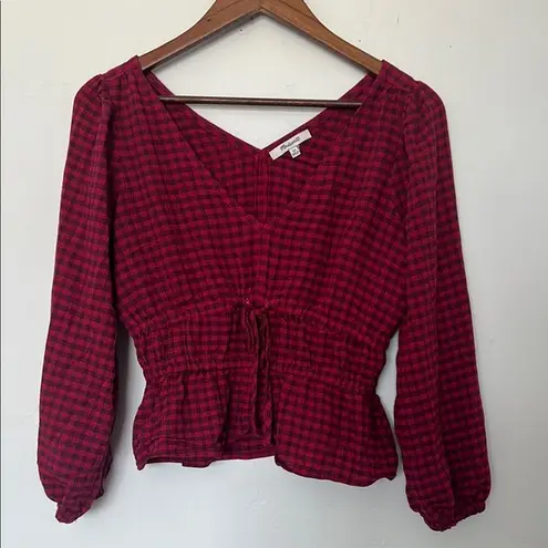 Madewell  Crinkled V-Neck Peplum Top Hibiscus Plaid Red‎ Pink Size XS