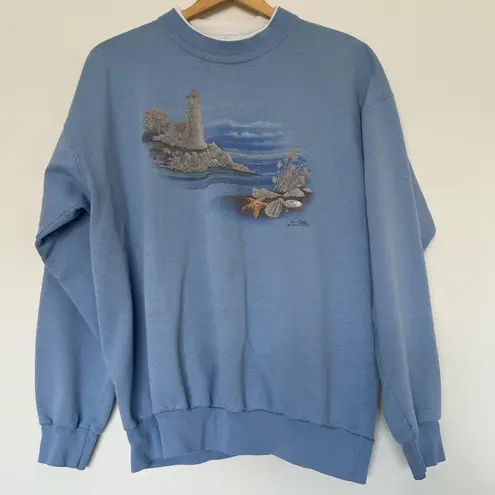 Vintage Blue Lighthouse Beach Crewneck Pullover Size M