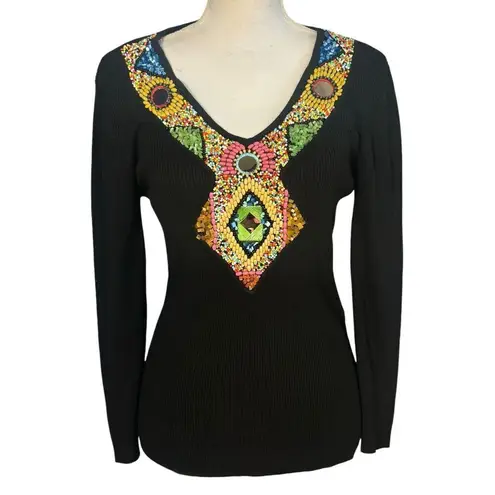 Berek Top Size Large Black Beads Embellished Ribbed Artsy Bling Jewel Stones