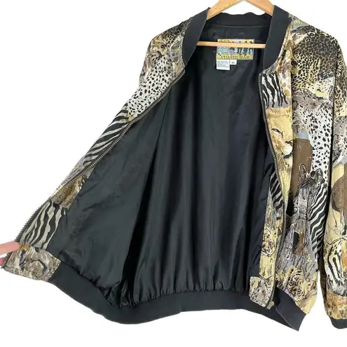 Vintage 80s Atlantic Beach 100% Silk Safari Animal Lightweight Bomber Jacket, XL Tan