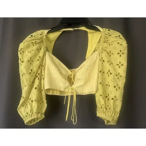 FOR LOVE & LEMONS Picnic Crop Top Sunshine Size XS Eyelet Puff Sleeves Gingham Yellow