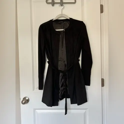 H by Halston Black Belted Suede Zipper Long Jacket New 0