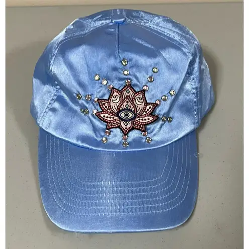 Handmade Blue Periwinkle Satin Lotus Flower Evil Eye Moon Patch Gem Studded Baseball Cap Trucker Hat 🪷✨