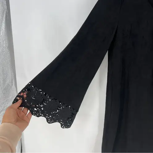 JODIFL Black Faux Suede Crisscross V-Neck Lace Trim Flare Sleeve Dress M