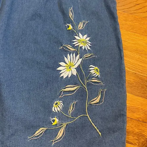 Robbie Bee Vintage 90s Women 10 Floral Embroidered Short Sleeve Denim Jean Dress