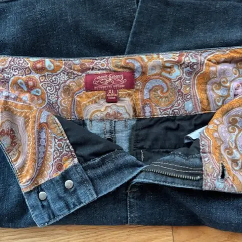 One Song Authentic Denim Skirt Women XL Dark Wash A Line Stretch Paisley Button Blue