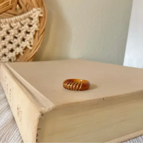 Carved Wood Gold Band Ring “Blathnaid” Bohemian Rustic Minimist Neutral Jewelry Brown