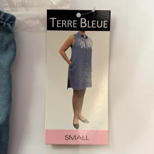 Terre Bleue Sleeveless Denim Dress Floral Embroidery Cabincore Cottagecore NWT Blue