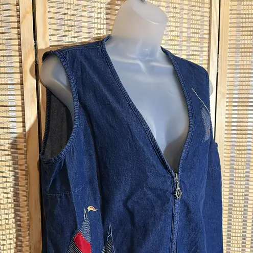 Allison Daley Vintage Nautical Theme Blue Denim Zip Front Vest Sailboat Flag 10P