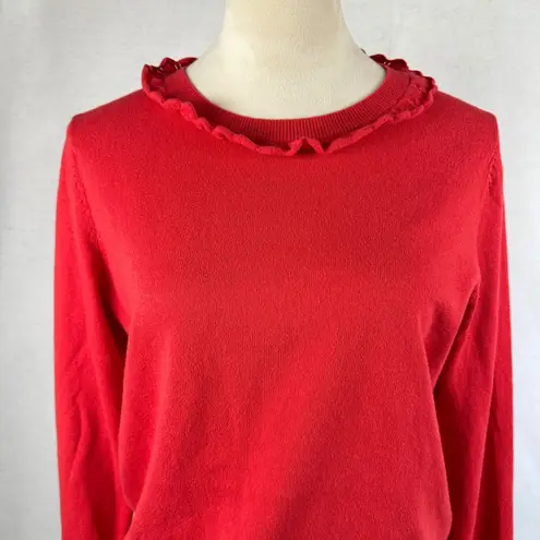 Boden Red Coral Ruffle Trim Crew Neck Knit Sweater Wool Blend Women's 8