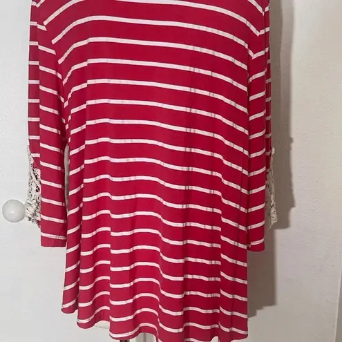 Kontrol contemporary crochet tunic 3/4 sleeve blouse striped v neck size 2x Red