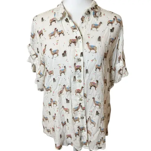 Democracy Womens White Llama Print Blouse Small Ruffle Sleeve Novelty Animals
