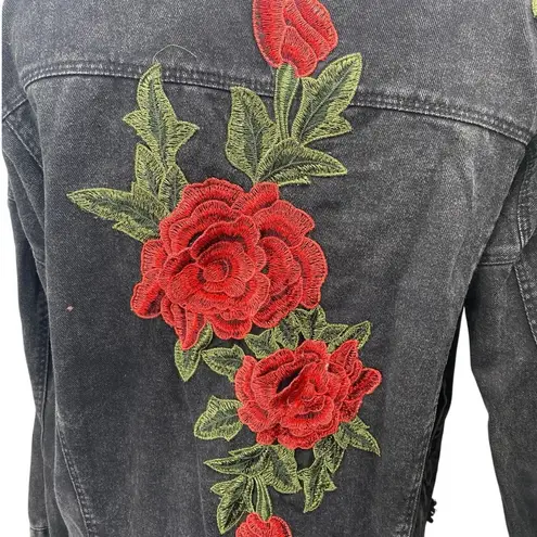 Vera & Lucy Black Floral Embroidered Button Down Distressed Denim Jeans Jacket M