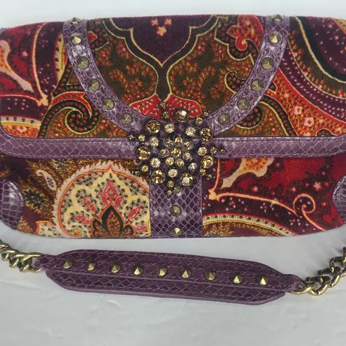 Isabella Fiore Studded Rhinestones Paisley Velvet Snakeskin Clutch Shoulder Bag Purple