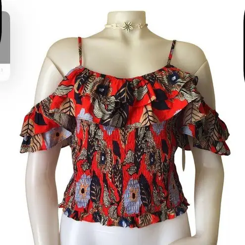 Milk & Honey Off Shoulder Crop Stretch Top Size M Red Floral Tropical Size M