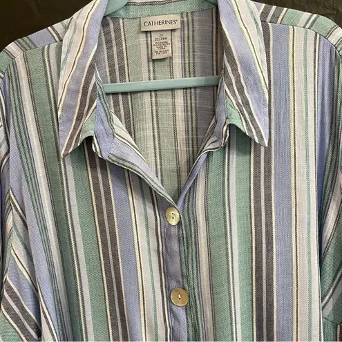 Catherines 2X Blue Striped Casual Button Up Shirt Lightweight Comfy Relaxed