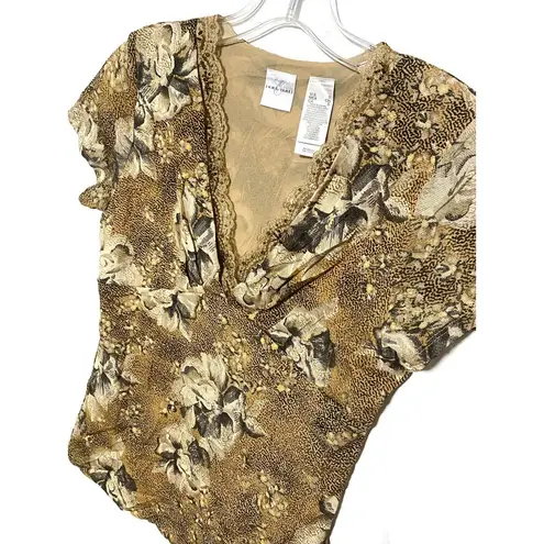 Emma James V Neck Blouse Sequins Lace Shirt Floral Brown Tan Womens S Stretch