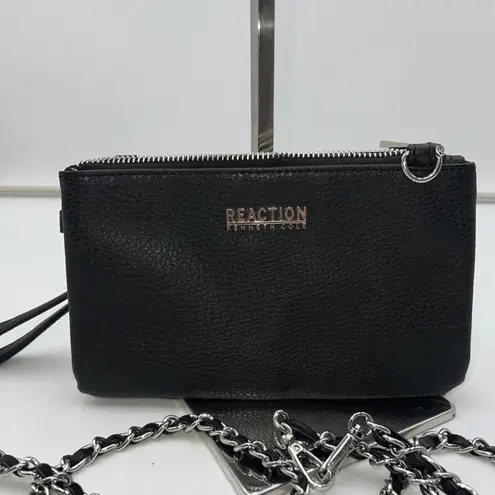 Reaction Kenneth Cole Black Pebbled Faux Leather Wristlet Clutch Chain Strap
